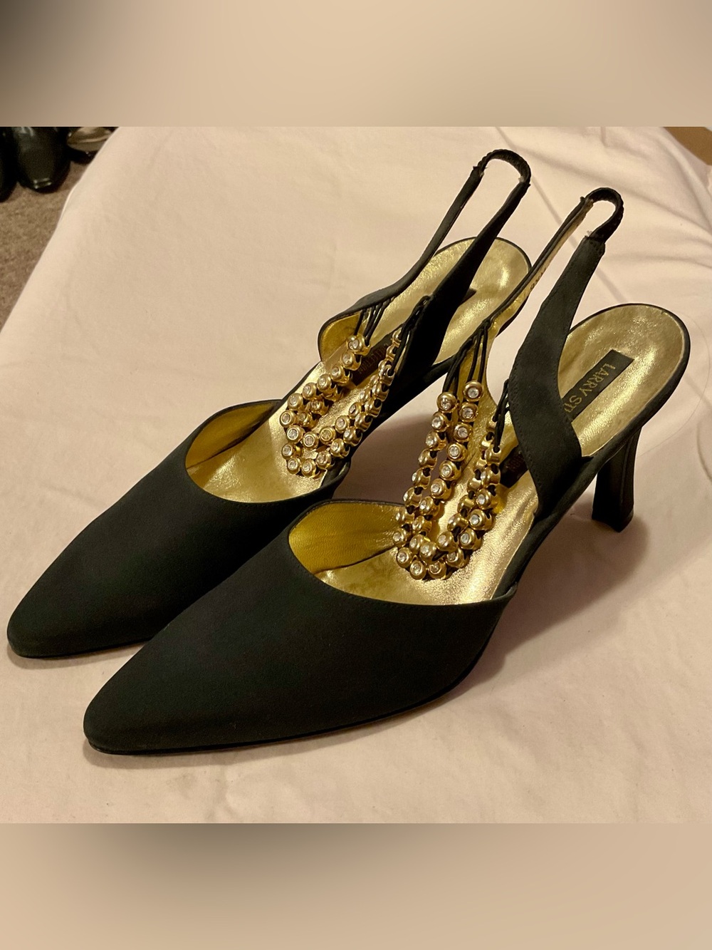 Larry Stuart Black Pointed Slingback Pumps with Gold Tone Rhinestone Ankle Strap